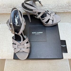 Saint Laurent Tribute  Strappy Leather High-Heel Sandals in grey
